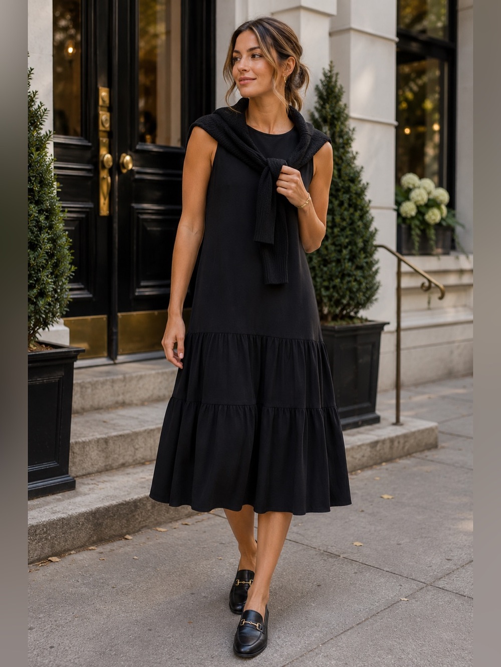Tahari Arthur S Levine Black Drop Waist Tiered Midi Dress Size L